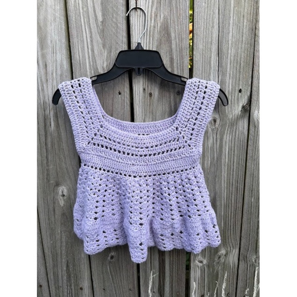 Boho Cottagecore Handmade Crochet Top Small Lavender Purple Babydoll Peplum